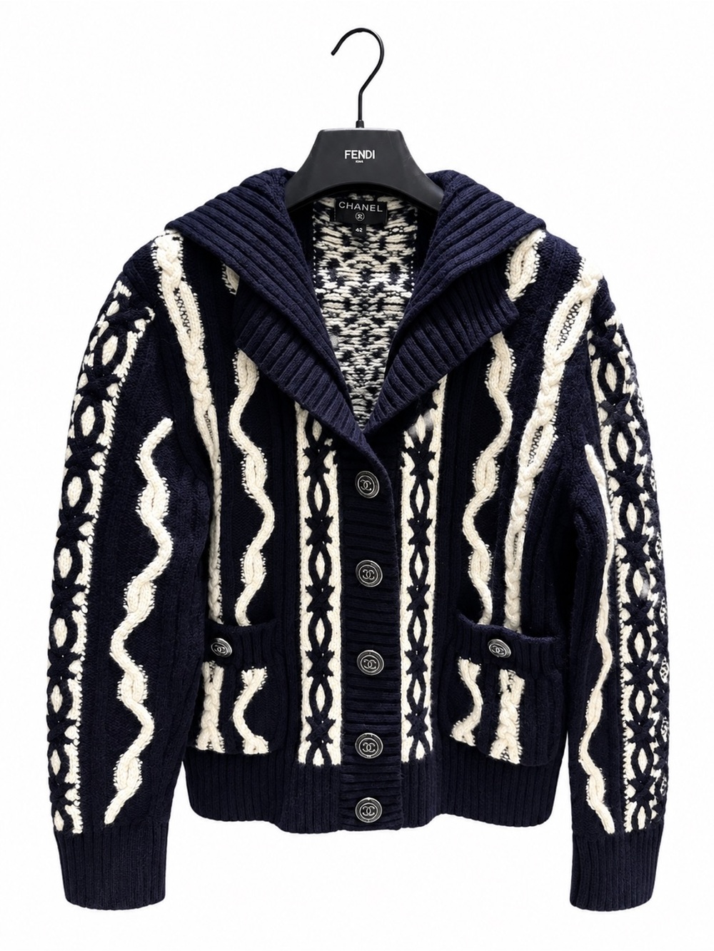 CHANEL Navy & Cream Cable-Knit Hooded Cardigan Jacket